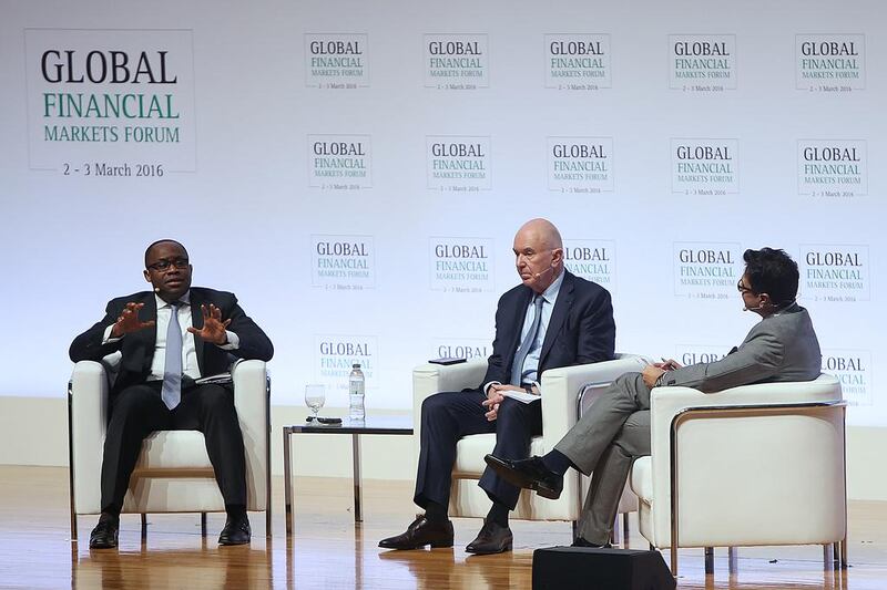 Uche Orji, left, managing director and chief executive of the Nigeria Sovereign Investment Authority and Jean Paul Villian of the Abu Dhabi Investment Authority, centre, and Omeir Jilani meanwhile discussed the roles of sovereign wealth funds in these times of global transition. Ravindranath K / The National