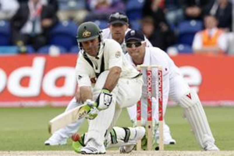 Ricky Ponting, left, expertly executes the sweep shot off Monty Panesar during his chanceless hundred in Cardiff. The Australia captain passed the 11,000 Test-run mark during the course of his knock.