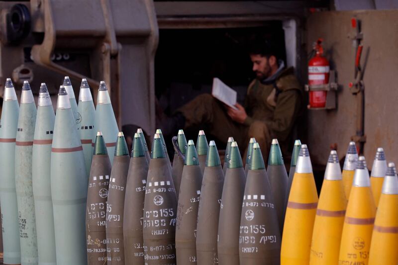 Artillery shells lined up at a position in Upper Galilee in northern Israel, bordering Lebanon. AFP
