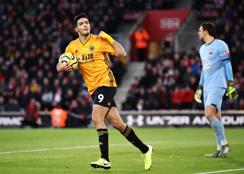 SOUTHAMPTON, ENGLAND - JANUARY 18: Raul Jimenez of Wolverhampton Wanderers celebrates scoring his sides second goal from the penalty spot during the Premier League match between Southampton FC and Wolverhampton Wanderers at St Mary's Stadium on January 18, 2020 in Southampton, United Kingdom. (Photo by Bryn Lennon/Getty Images)
