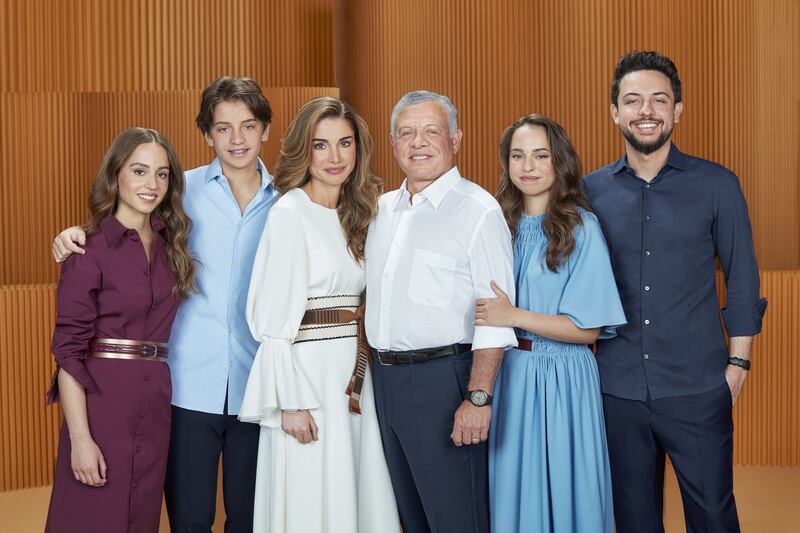 Queen Rania of Jordan shared the family's Christmas card with King Abdullah II of Jordan and children Crown Prince Hussein, Princess Iman, Princess Salma and Prince Hashem. Photo: Queen Rania Al Abdullah