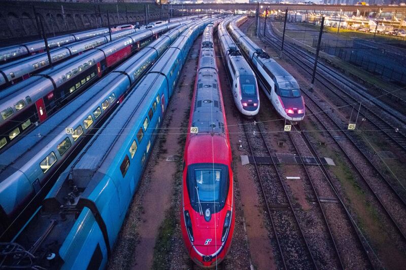 Trains at a standstill at the Bercy train depot, Paris, during a strike in protest at government plans to raise France's pension age. Bloomberg

