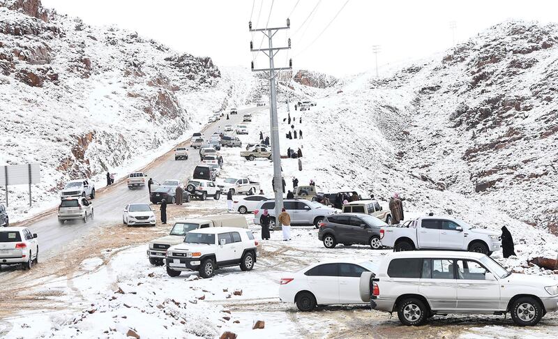 Vehicles line the road to Jebel Al Lawz as hundreds of people visit the area. Photo: SPA