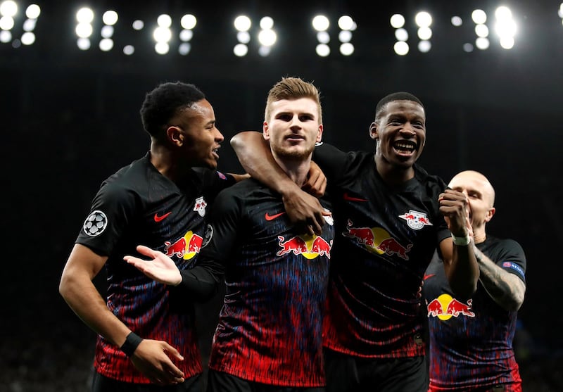 Soccer Football - Champions League - Round of 16 First Leg - Tottenham Hotspur v RB Leipzig - Tottenham Hotspur Stadium, London, Britain - February 19, 2020  RB Leipzig's Timo Werner celebrates scoring their first goal with teammates   Action Images via Reuters/Andrew Boyers     TPX IMAGES OF THE DAY