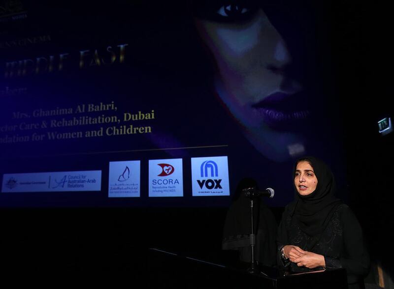 Afra Al Basti, Director General, Dubai Foundation for Women and Children, speaks at the World of Women (Wow) Film Fair.  Satish Kumar / The National