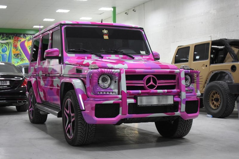 The pink camouflage Mercedes G63. Courtesy Foilx