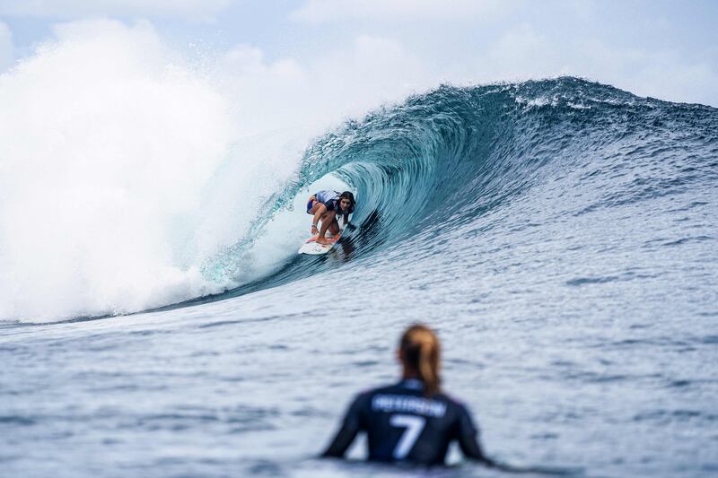 Carolina Marks of the US competes in the Outerknown Tahiti Pro 2022, the Women's WSL Championship Tour, in Teahupo'o, French Polynesia. AFP