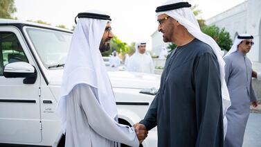 President Sheikh Mohamed receives Sheikh Mohammed bin Rashid, Vice President and Ruler of Dubai, on Tuesday. UAE Presidential Court