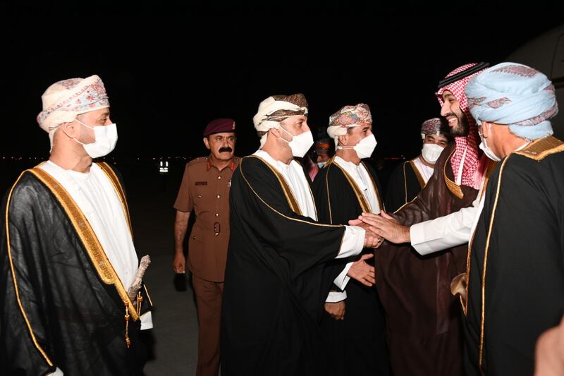 Prince Mohammed, with Sultan Haitham, meets Omani dignitaries after arriving in Muscat. Photo: Oman News Agency