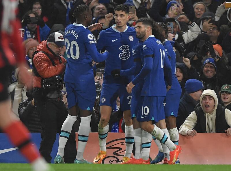 Kai Havertz  celebrates with teammates after scoring. EPA