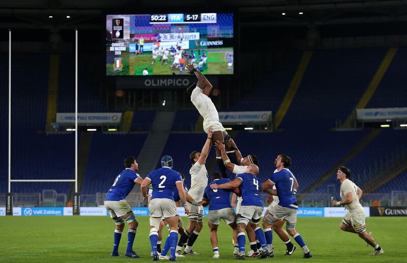 England's  Maro Itoje wins the ball at a lineout during their Six Nations victory over Italy at Olimpico Stadium in Rome on Saturday, October 31. Getty