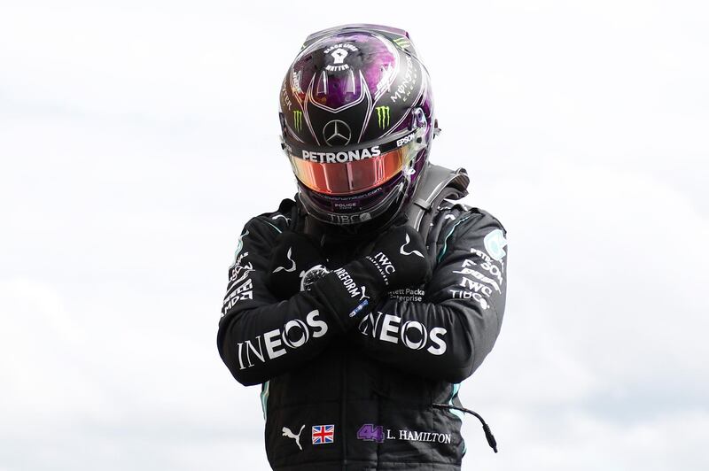 SPA, BELGIUM - AUGUST 29: Pole position qualifier Lewis Hamilton of Great Britain and Mercedes GP celebrates in parc ferme  during qualifying for the F1 Grand Prix of Belgium at Circuit de Spa-Francorchamps on August 29, 2020 in Spa, Belgium. (Photo by Francois Lenoir/Pool via Getty Images)