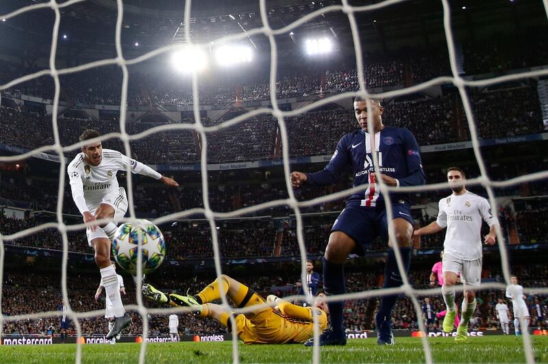 PSG's Kylian Mbappe scores his side's opening goal as they fight back from 2-0 down. AP