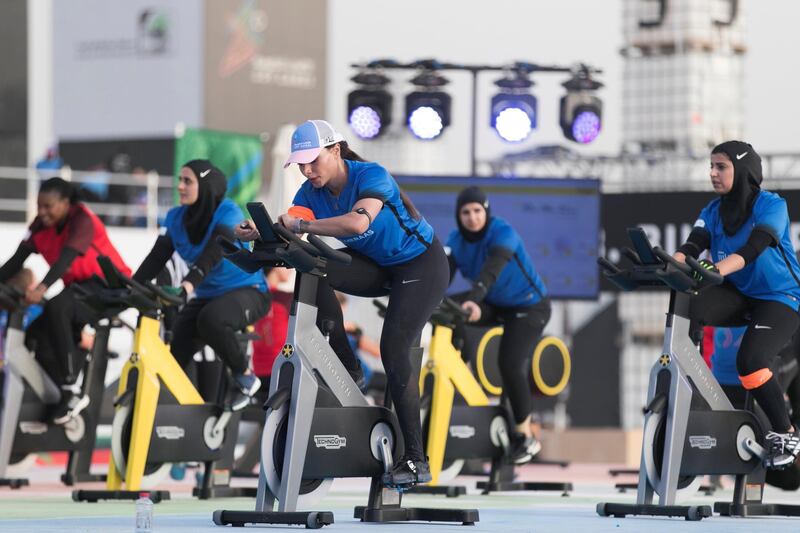 DUBAI, UNITED ARAB EMIRATES - MAY 9, 2018. 

Burner challenge at the first day of Dubai Government Games begins, with female government employees taking part in multiple physical challenges.

Set in motion by the Crown Prince of Dubai,  Sheikh Hamdan bin Mohammed, the event sees teams of Government workers pitted against each other in a bid to be Gov Games champions.

The competition is held on Kite Beach.

(Photo by Reem Mohammed/The National)

Reporter: Nawal Al Ramahi
Section: NA