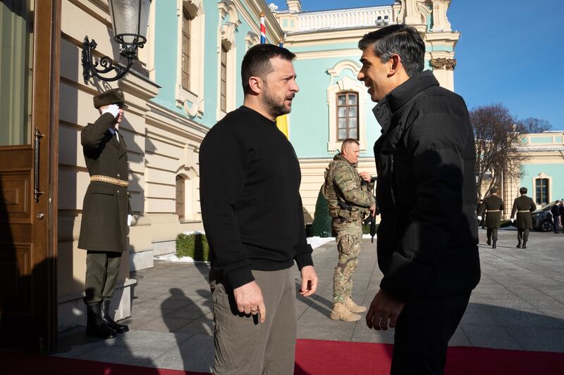 UK Prime Minister Rishi Sunak is welcomed by Ukrainian President Volodymyr Zelenskyy at the Presidential Palace in Kyiv. PA