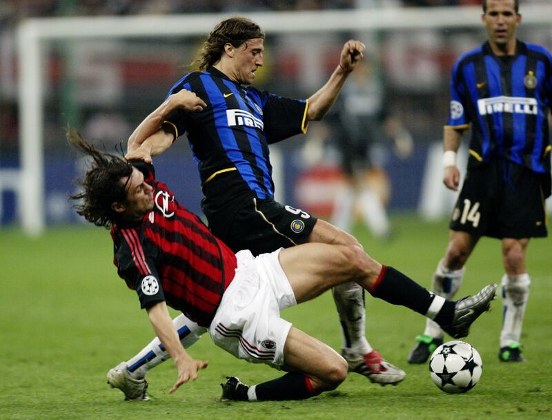 Inter Milan's Hernan Crespo is tackled by Paolo Maldini of AC Milan during the Champions League semi-final, first-leg match at the San Siro on May 7, 2003. The game ended in a 0-0 draw. Getty