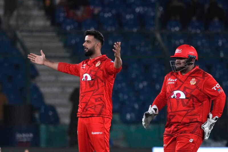 Islamabad United' Imad Wasim, centre, picked up three wickets to secure victory over Quetta Gladiators. AP
