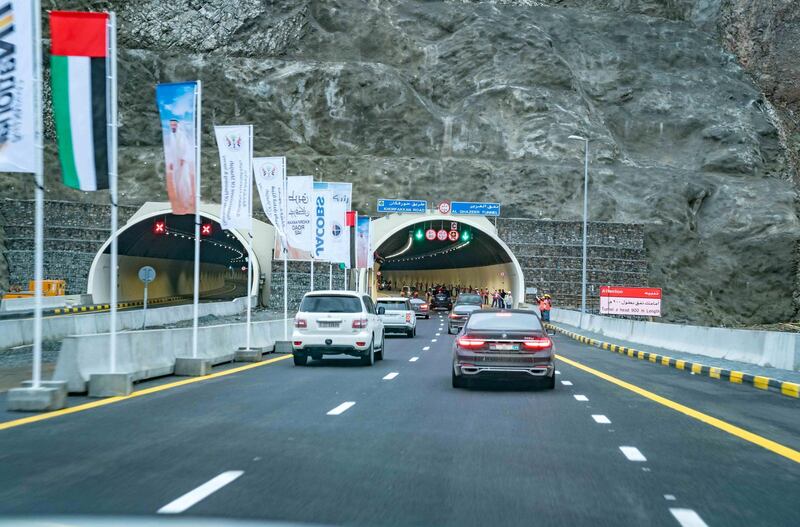 The Rulers of Sharjah and Ras Al Khaimah opened the new Khor Fakkan road and tunnel, which cost about Dh6bn. Courtesy: Wam