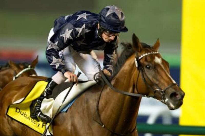 DUBAI, UNITED ARAB EMIRATES ‚Äì March 26, 2011: Presvis, #6, ridden by jockey Ryan Moore won the Dubai Duty Free at Meydan Racecourse on Saturday March 26, 2011.   ( Andrew Henderson / The National )
