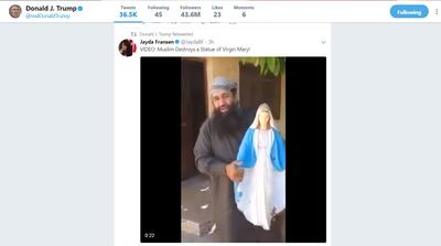 This screengrab shows the Trump account retweeting a video of a man allegedly smashing a statute of Mary.