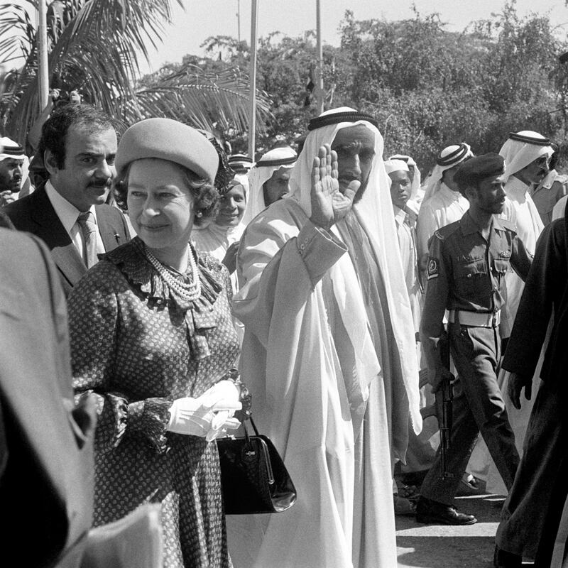 Queen Elizabeth II with Sheikh Zayed of Abu Dhabi.