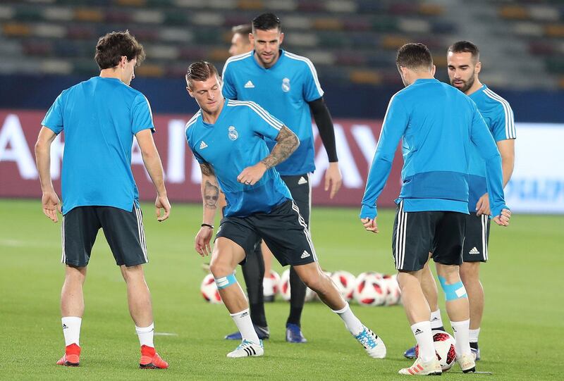 Abu Dhabi, United Arab Emirates - December 21, 2018: Toni Kroos of Real Madrid trains ahead of the Fifa Club World Cup final. Friday the 21st of December 2018 at the Zayed Sports City Stadium, Abu Dhabi. Chris Whiteoak / The National