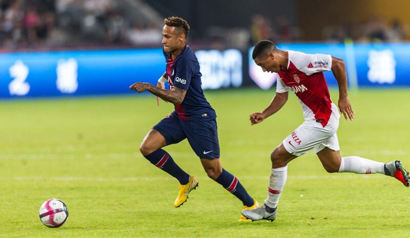 epa06927277 Neymar Jr. (L) of Paris Saint-Germain in action against Youri Tielemans of Monaco during the 2018 Trophee Des Champions soccer match between Paris Saint-Germain and Monaco in Shenzhen, China, 04 August 2018. The 2018 Trophee Des Champions is the 23rd edition of the French super cup.  EPA/ALEKSANDAR PLAVEVSKI