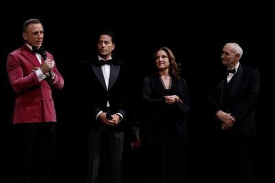 From left, Daniel Craig, Cary Joji Fukunaga, Barbara Broccoli and Michael G Wilson at the London premiere of 'No Time to Die'. Getty Images 