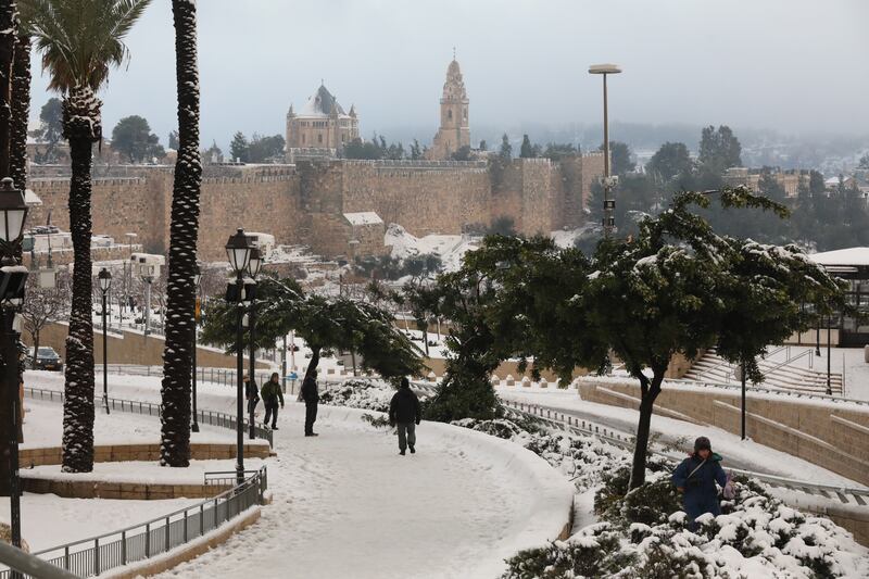 The picturesque scene after snowfall near Jaffa gate in Jerusalem. The winter storm called 'Elpis' has also affected Turkey and Greece. EPA