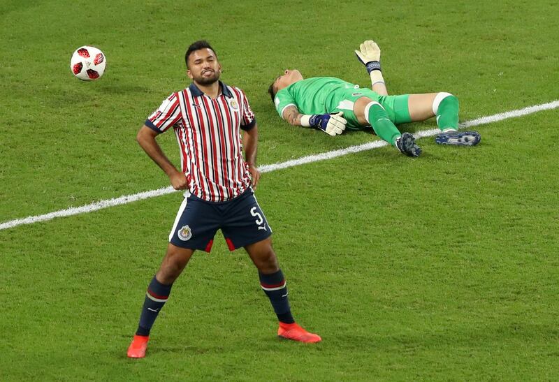 Guadalajara's Raul Gudino and Hedgardo Marin react after conceding a third goal. Reuters