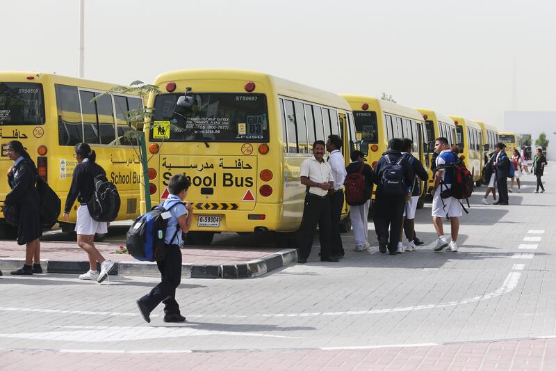 DUBAI, UAE. February 17, 2015 - Stock photograph of students boarding their school buses after school at Gems Modern Academy in Dubai, February 17, 2015. (Photos by: Sarah Dea/The National, Story by: Roberta Pennington, News)
 *** Local Caption ***  SDEA170215-gemsmodernacademy26.JPG