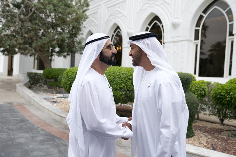ABU DHABI, UNITED ARAB EMIRATES - April 22, 2019: HH Sheikh Mohamed bin Zayed Al Nahyan, Crown Prince of Abu Dhabi and Deputy Supreme Commander of the UAE Armed Forces (R), greets HH Sheikh Mohamed bin Rashid Al Maktoum, Vice-President, Prime Minister of the UAE, Ruler of Dubai and Minister of Defence (L) upon his arrival at a Sea Palace barza.

( Mohamed Al Hammadi / Ministry of Presidential Affairs )
---