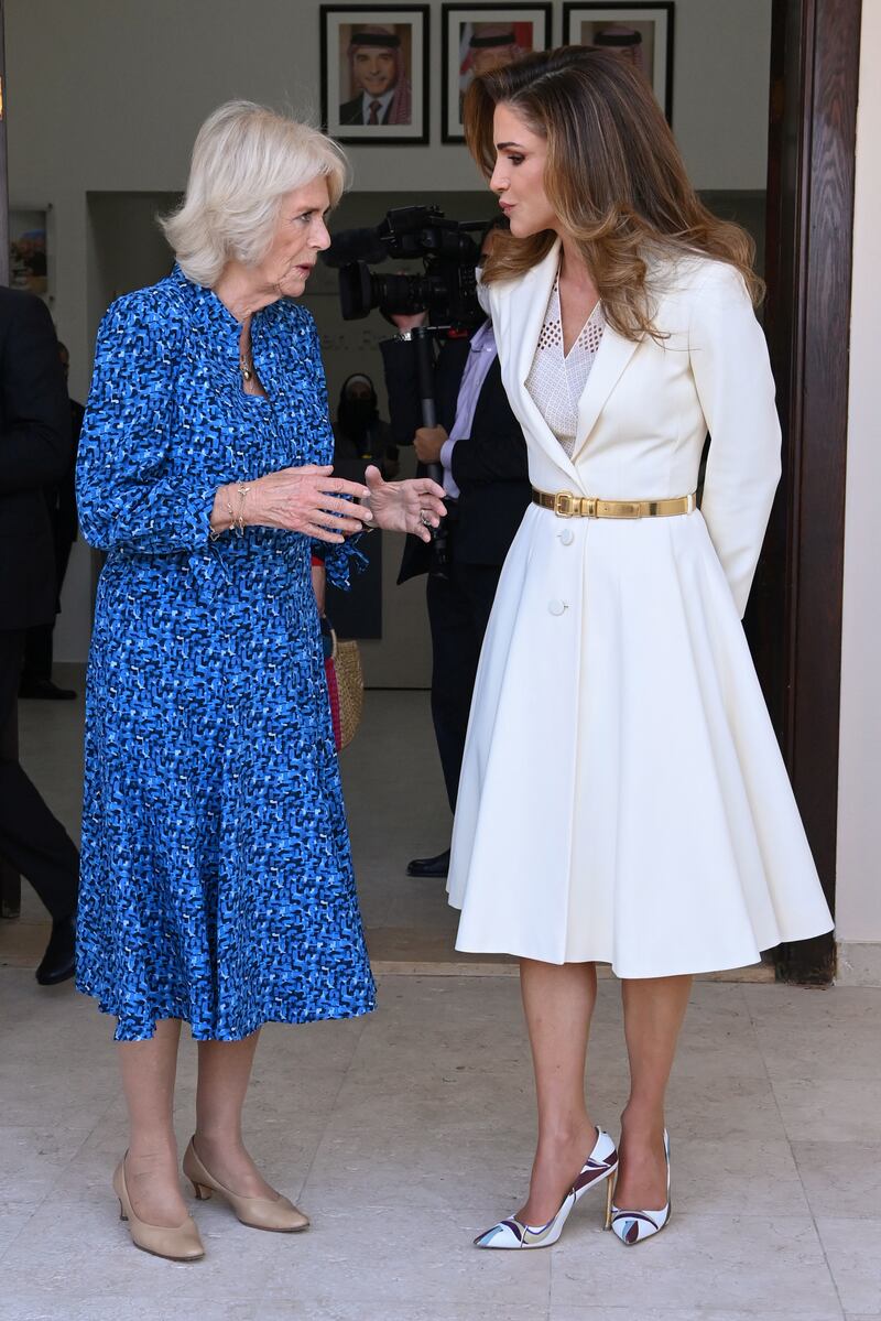 The queen consort and Jordan's Queen Rania at the Children Centre in Amman last year. Reuters