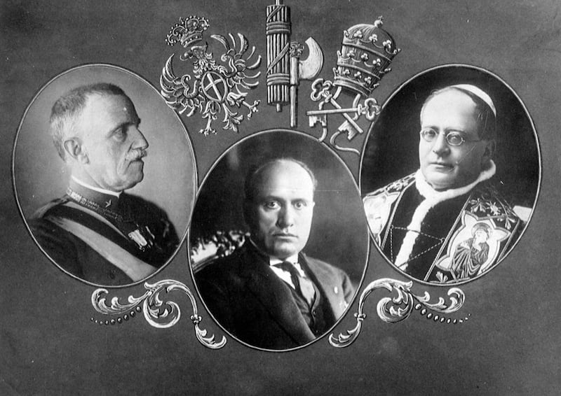 A composite photo commemorating the Lateran Treaty of 1929, left to right: Victor Emmanuel III; Mussolini and Pope Pius XI. Roger Viollet / Getty Images