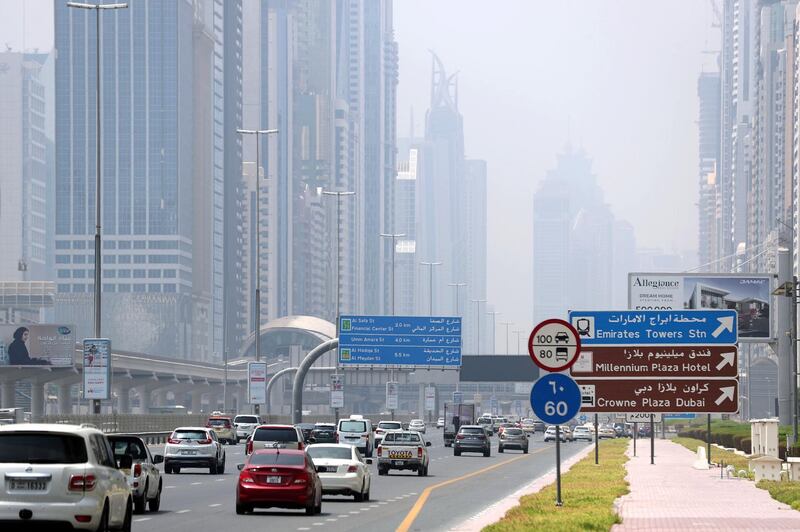 Dubai, United Arab Emirates - Reporter: N/A. Weather. Lots of cars go down Sheikh Zayed Road on a hazy day in Downtown. Monday, August 17th, 2020. Dubai. Chris Whiteoak / The National