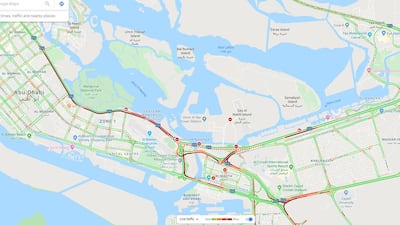 Traffic comes to a standstill on Thursday morning after a deadly crash near Al Raha beach. Google Maps