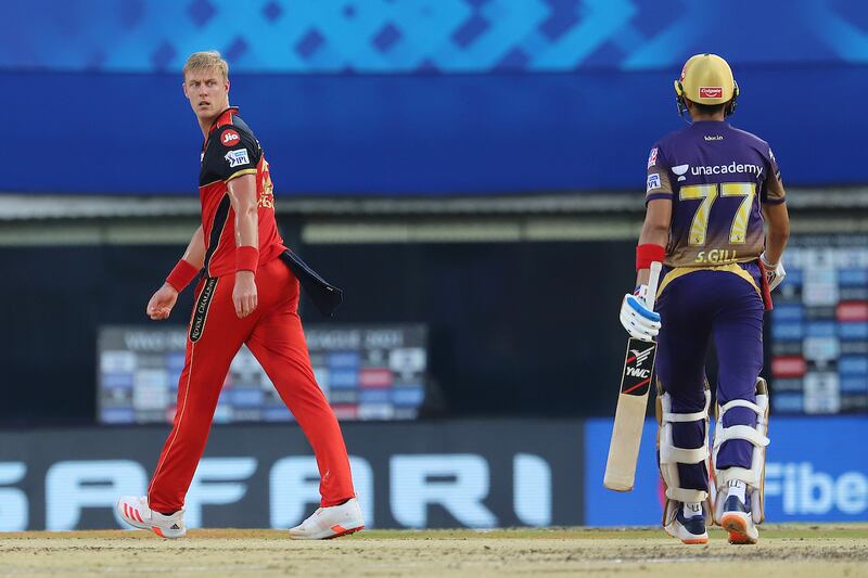 Kyle Jamieson of Royal Challengers Bangalore looks on after taking the wicket of Shubman Gill of Kolkata Knight Riders during match 10 of the Vivo Indian Premier League 2021 between the Royal Challengers Bangalore and the Kolkata Knight Riders held at the M. A. Chidambaram Stadium, Chennai on the 18th April 2021.

Photo by Faheem Hussain / Sportzpics for IPL