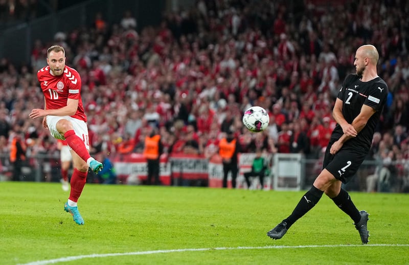Denmark's Christian Eriksen shoots at goal against Austria. Reuters