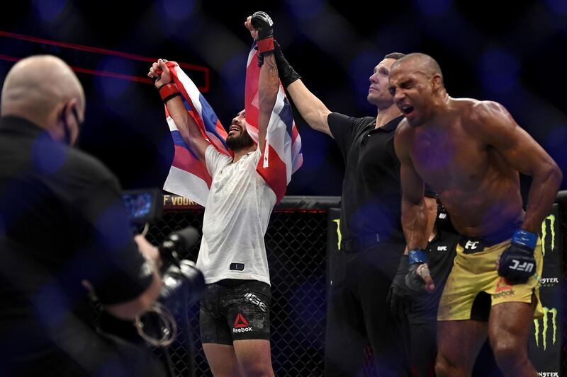 Dan Ige celebrates after defeating Edson Barboza  in their Featherweight bout during UFC Fight Night at VyStar Veterans Memorial Arena. AFP