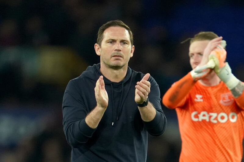 Frank Lampard applauds the fans at the end of the match against Leicester City at Goodison Park. AP