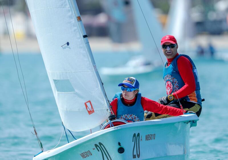 Abu Dhabi, March 20, 2019.  Special Olympics World Games Abu Dhabi 2019.  Sailing Level 1. Desiree Boesch and Josef Furlan of Austria in action.
Victor Besa/The National