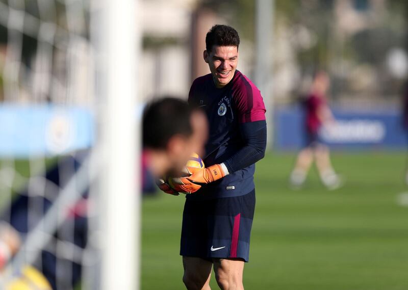 Abu Dhabi, United Arab Emirates - March 15th, 2018: Ederson of Manchester City during a training session in Abu Dhabi. Thursday, March 15th, 2018. Emirates Palace, Abu Dhabi. Chris Whiteoak / The National