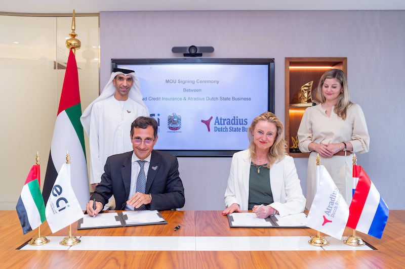 Dr Thani Al Zeyoudi, the UAE Minister of State for Foreign Trade, Liesje Schreinemacher, Netherlands’ Minister for Foreign Trade and Development Co-operation, Massimo Falcioni, chief executive of ECI, and Irene Visser, head of strategy and international relations at Atradius DSB. Photo: ECI