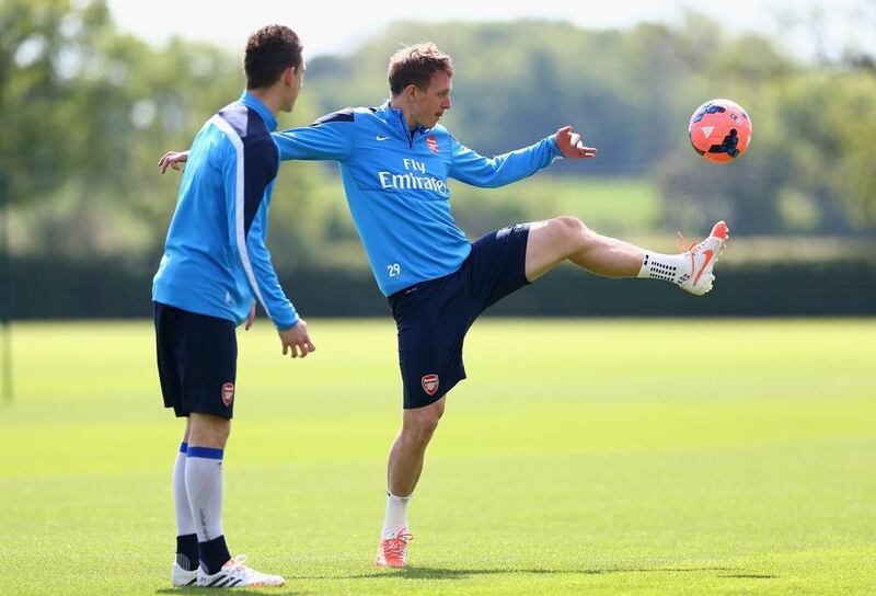 Kim Kallstrom of Arsenal in action during a training session on Wednesday ahead of the FA Cup final against Hull City on Saturday. Clive Mason / Getty Images / May 14, 2014