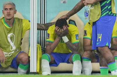 Brazil's Neymar is visibly upset on the bench after he was substituted with an ankle injury. PA