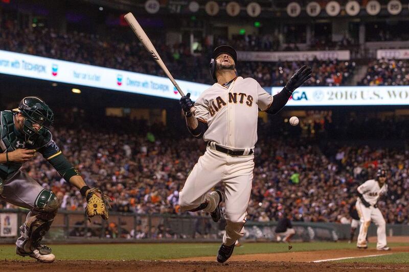 Gregor Blanco of the San Francisco Giants was hit by a pitch from Marc Rzepczynski of the Oakland Athletics during the sixth inning at AT&T Park on June 28, 2016, in San Francisco, California. Jason O. Watson / Getty Images / AFP