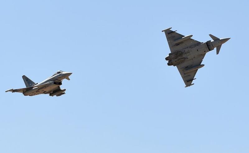 Saudi Eurofighter Typhoon fighter jets perform during a ceremony marking the 50th anniversary of the King Faisal Air Academy at King Salman air base in Riyadh on January 25, 2017. Fayez Nureldine / AFP