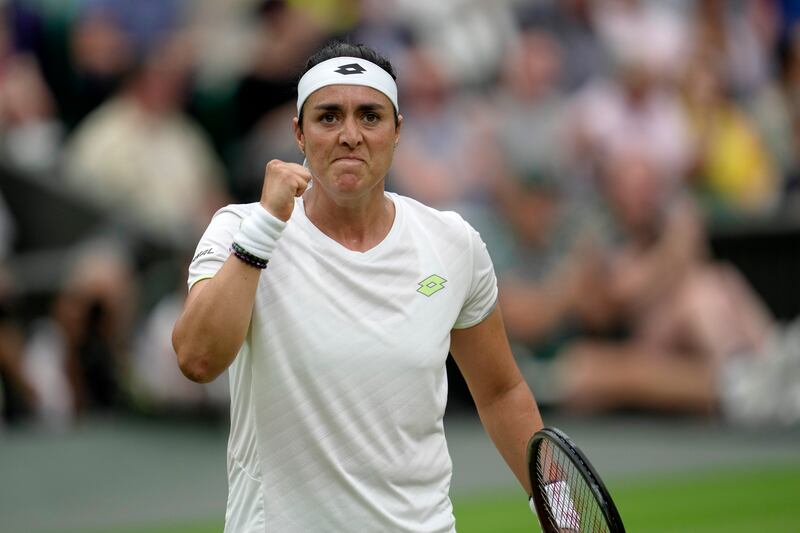 Tunisia's Ons Jabeur during her win against Aryna Sabalenka of Belarus in their Wimbledon semi-final at the All England Club on Thursday, July 13, 2023. AP