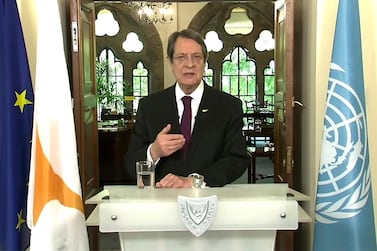 Nicos Anastasiades, President of Cyprus, speaks in a pre-recorded message which was played during the 75th session of the United Nations General Assembly, Thursday September 24, 2020, at UN headquarters. UNTV via AP
