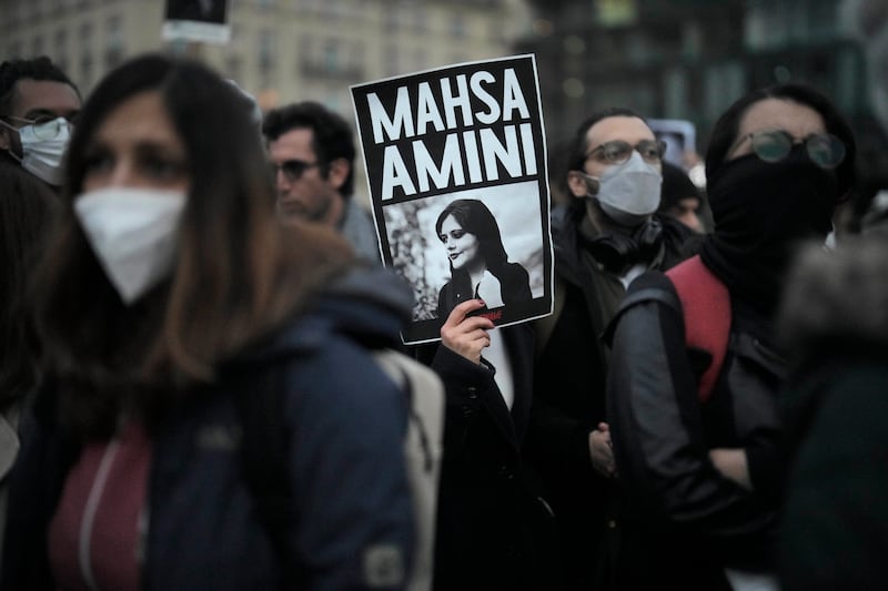 German demonstrators gather in Berlin after the death of Amini in Iranian police custody. AP